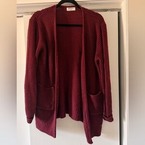 Zenana Outfitters Open-Front Waffle Knit Cardigan - Burgundy